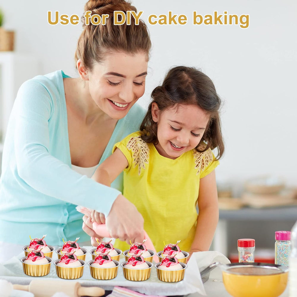 200 Pack Aluminum Cupcake Liners with Lids,Gold,Plain