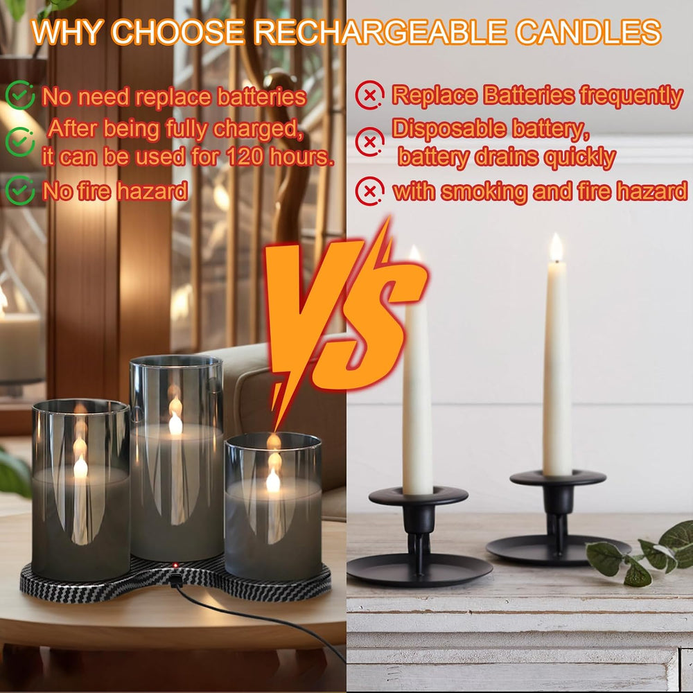 GenSwin Glass Rechargeable Flameless Candles with Remote Timer Black