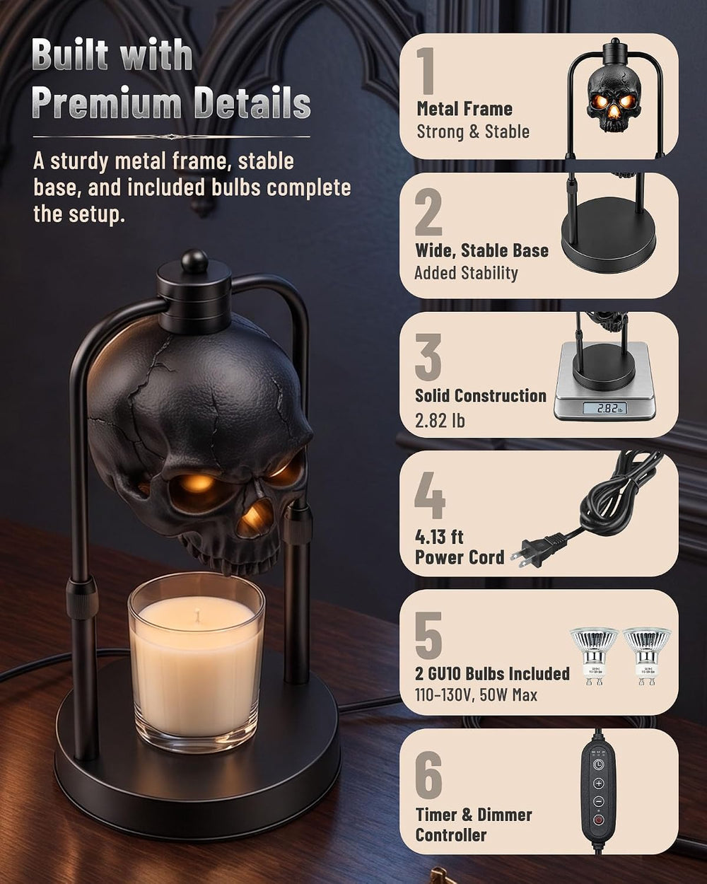 BOYISEN Skull Candle Warmer Lamp with Timer and Dimmer, Gothic Decor
