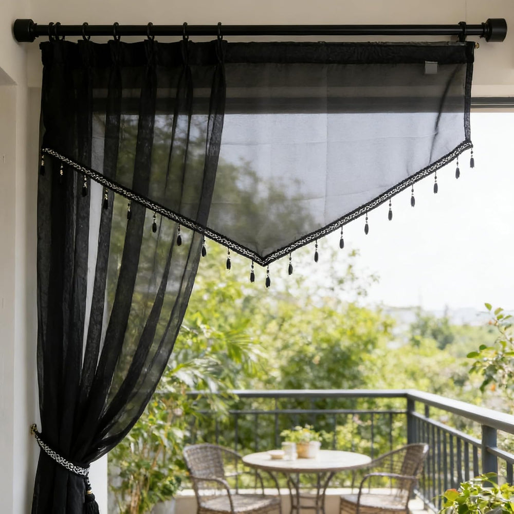 3 Pieces Black Beaded Sheer Valance with Rod Pocket Scalloped Window Curtains...