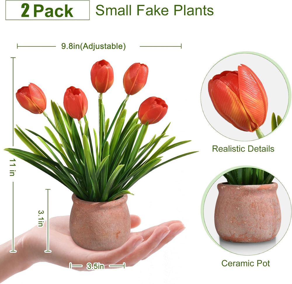 2 Pack Small Fake Plants, Mini Artificial Tulip Potted Plants with Flowers