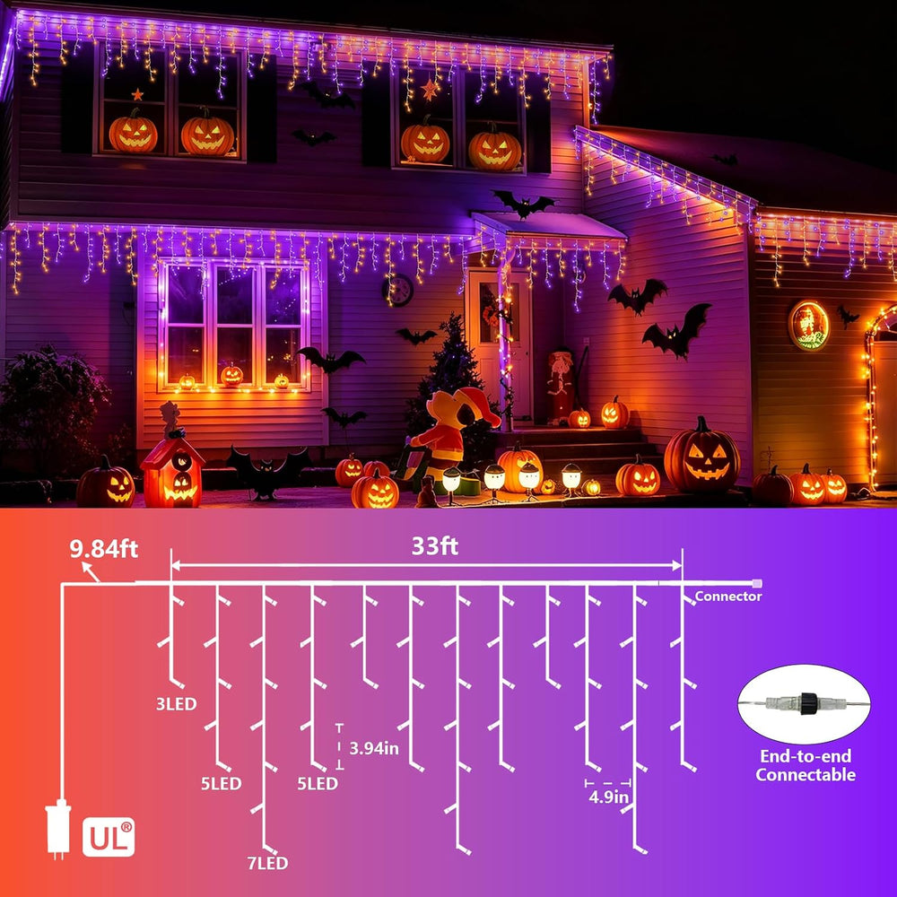 YEGUO 33ft 400 LED Orange and Purple Icicle Halloween Lights, 80 Drops Icicle...
