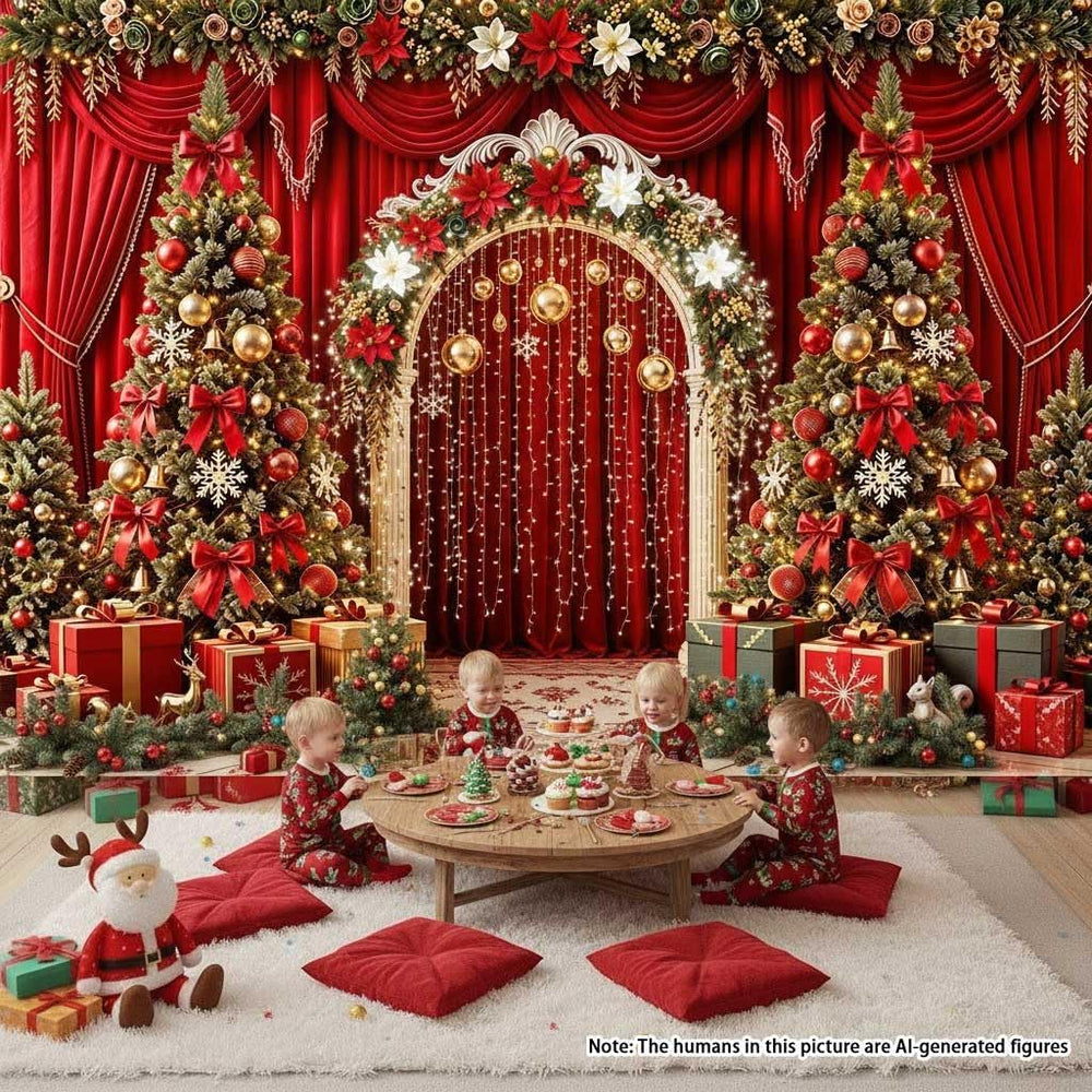 Christmas Backdrop Red Curtain Arch Xmas Tree Photo Background