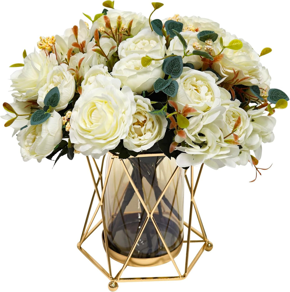 Faux Flowers with Vase, Silk Peony Bouquet Artificial Flowers in Vase, Fake F...
