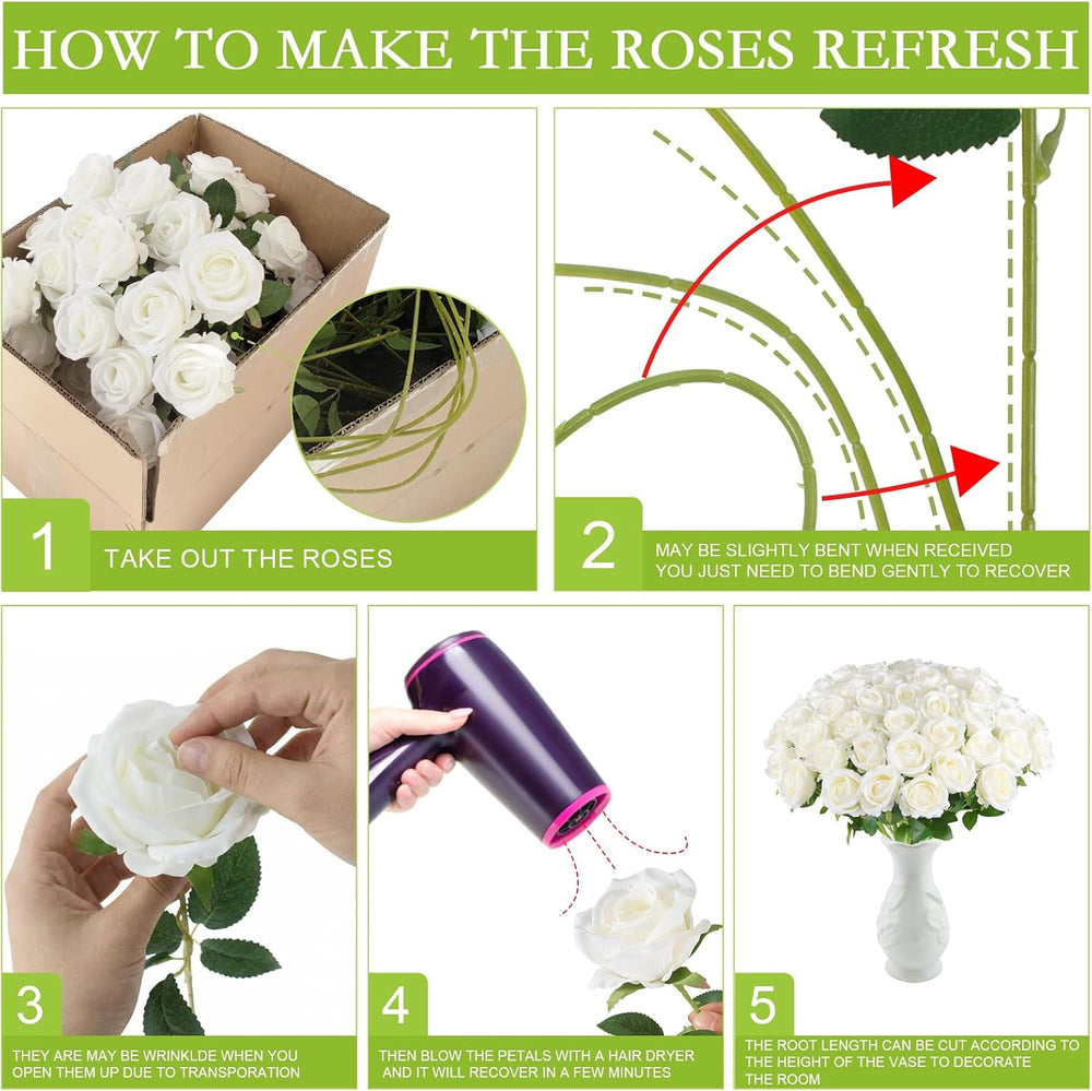 Hananona 100 Pcs Artificial Roses, Realistic Silk Flowers Bulk, White