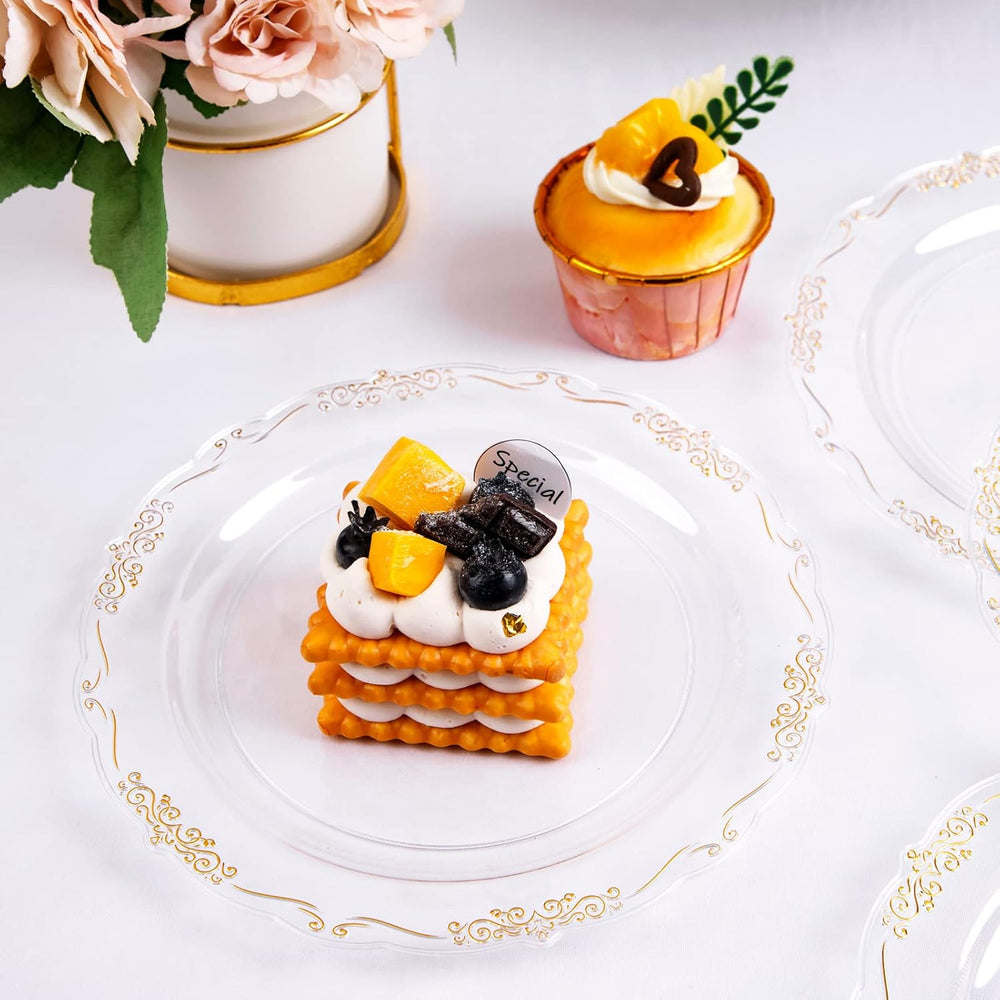 LIYH 200 Pcs Clear Gold Sturdy Plastic Cake Plates & Forks for Weddings