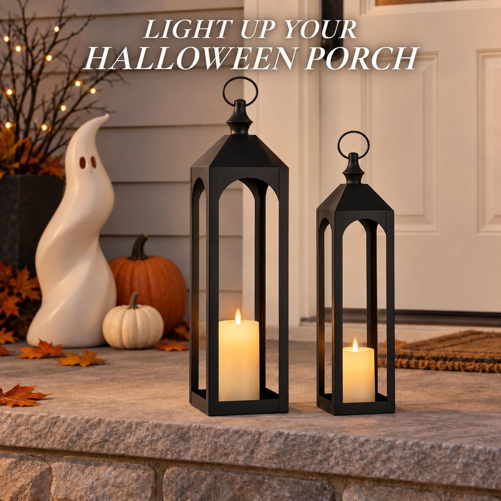 24" & 20" Large Outdoor Floor Lantern, Black Fall Porch Decor
