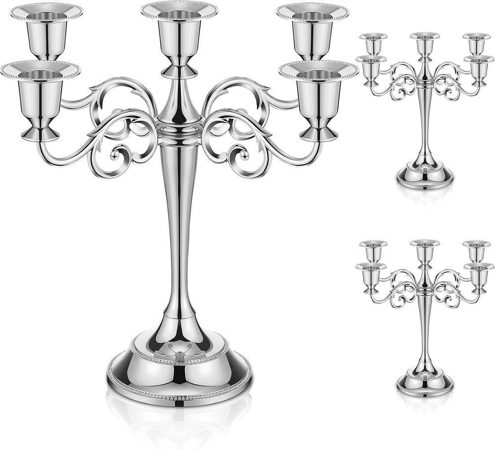Dandat 3 Pcs 5 Arm Metal Candelabra Tall Holders, Silver, Classic