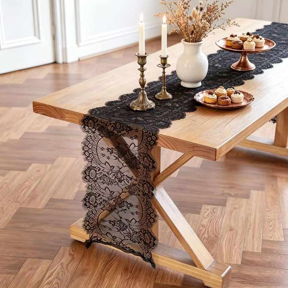 Black Lace Table Runner 14 x 120 Inch Floral Embroidered Fabric Decoration