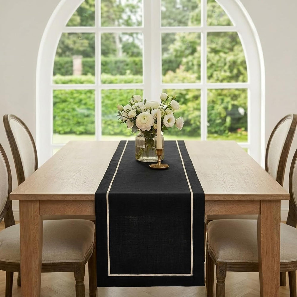 Solino Home 100% Pure Linen Table Runner Black Long, Kensington 14 x 120 in