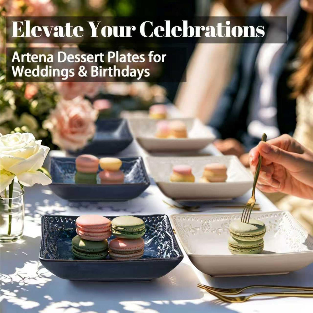 Ceramic Square Dessert Plates Set of 4, 6 Inch Embossed Appetizer Plates for ...