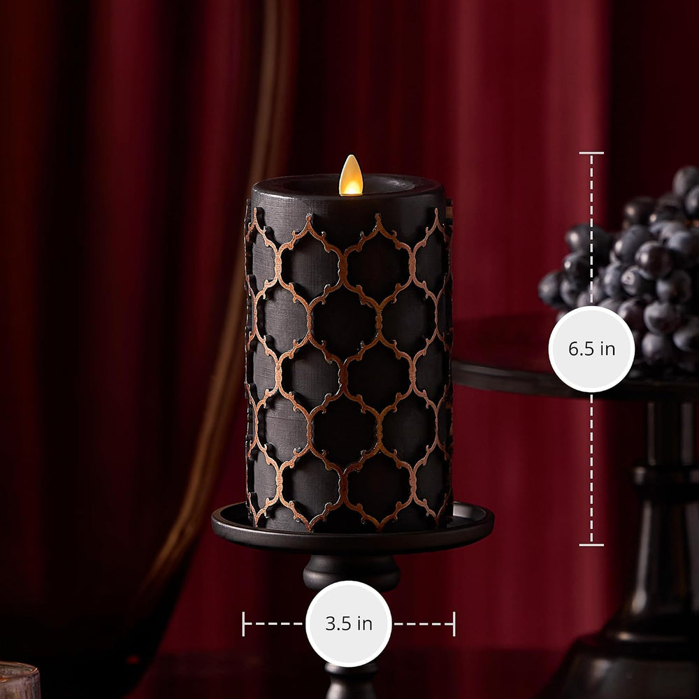 Luminara Fretwork Pillar Candle, Black 3.5" x 6.5", Real Wax LED