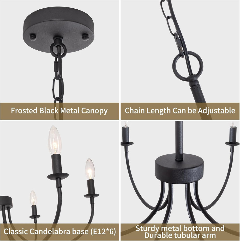 6 Light Black Farmhouse Chandelier, 26" Dining Room Light Fixtures