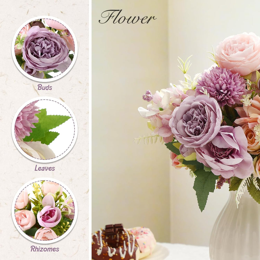 24 Bundles Purple Artificial Flower Bulk Silk Bouquet, Peonies