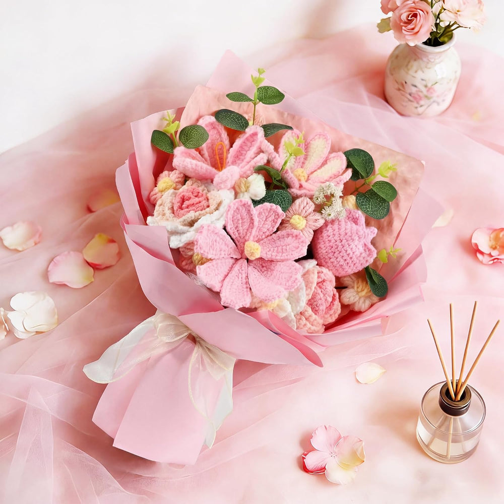 18Pcs Handmade Crochet Flower Bouquet Knitted Yarn Flowers with Bag & Car...