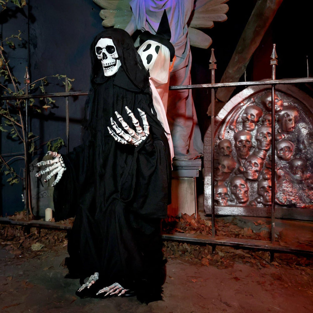 Haunted Hill Farm 3.9-Ft. Sitting Reaper w/Hide and Seek Ghost Animatronic
