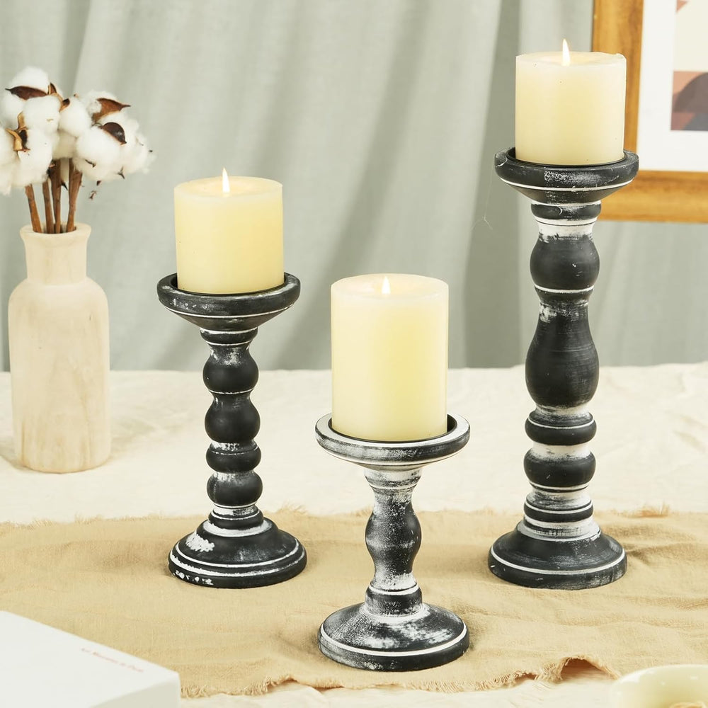 Wood Pillar Candle Holder: Rustic Distressed Black Candle Stand