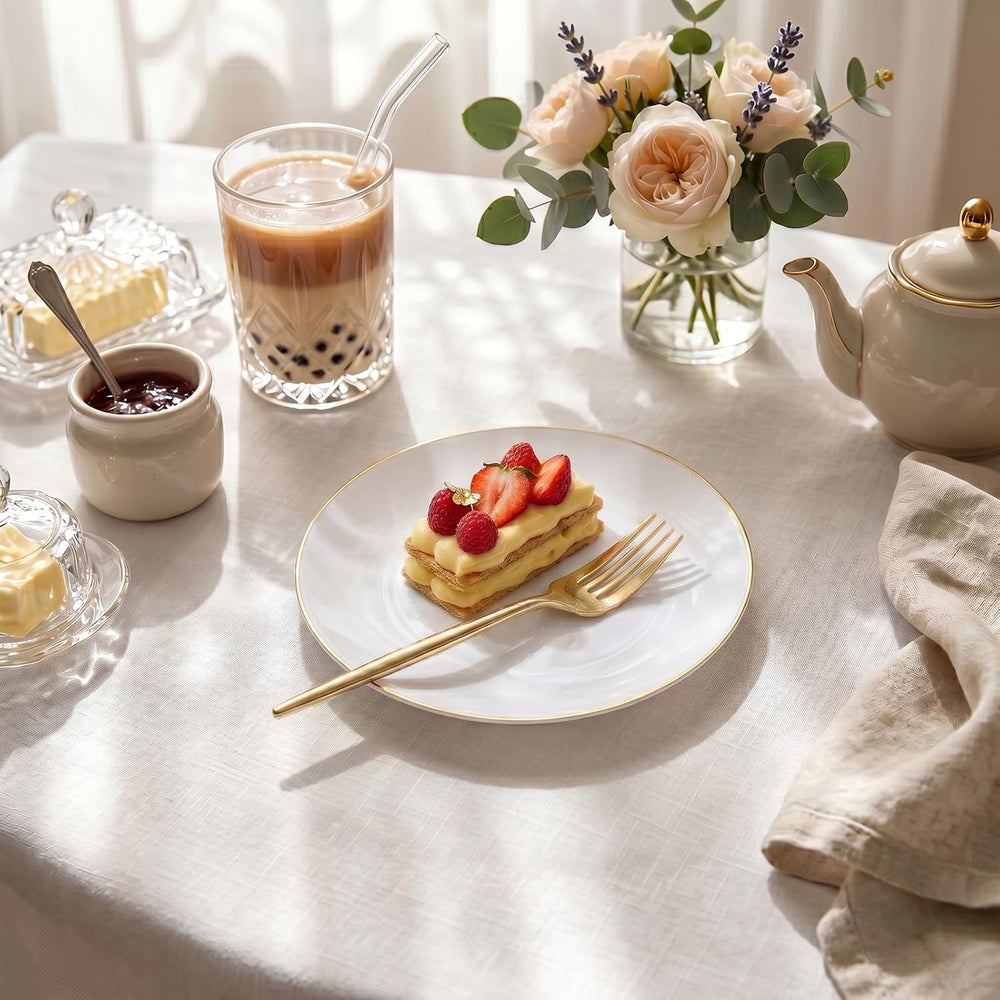 Rubtlamp 200Pcs Gold Plastic Dessert Plates,White Appetizer Platos with Gold ...