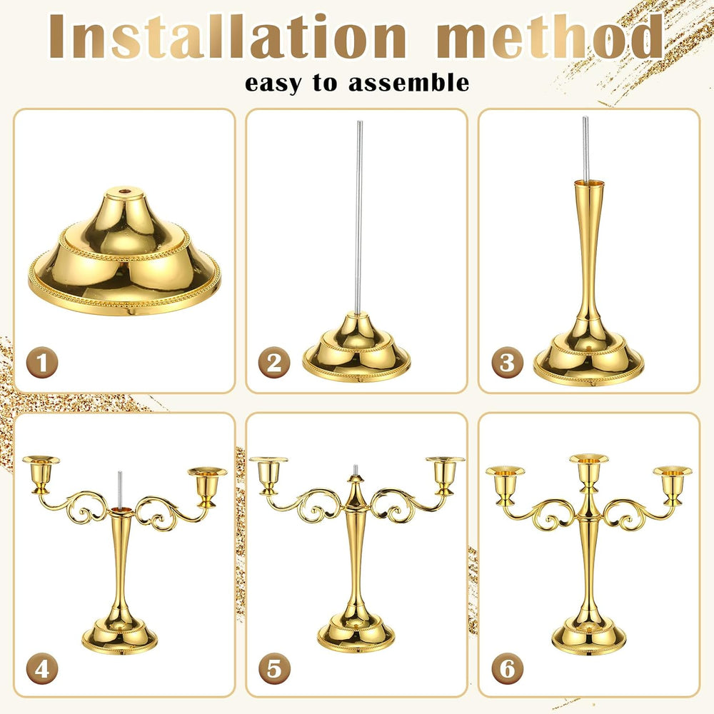 Dandat 3 Pcs 3 Arm Metal Candelabra Candle Holder, Classic, 10", Gold