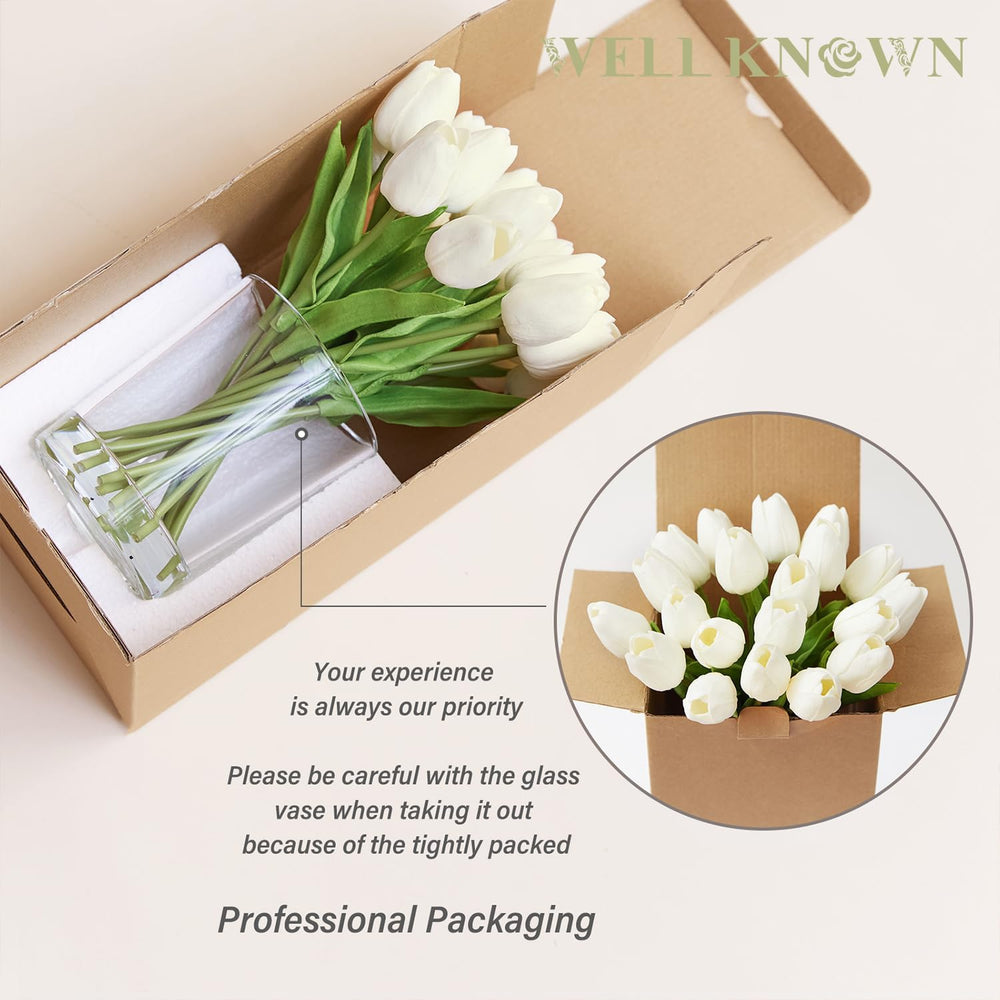 WELL KNOWN 20 Pcs White Tulips Artificial Flowers in Vase with Fake Water