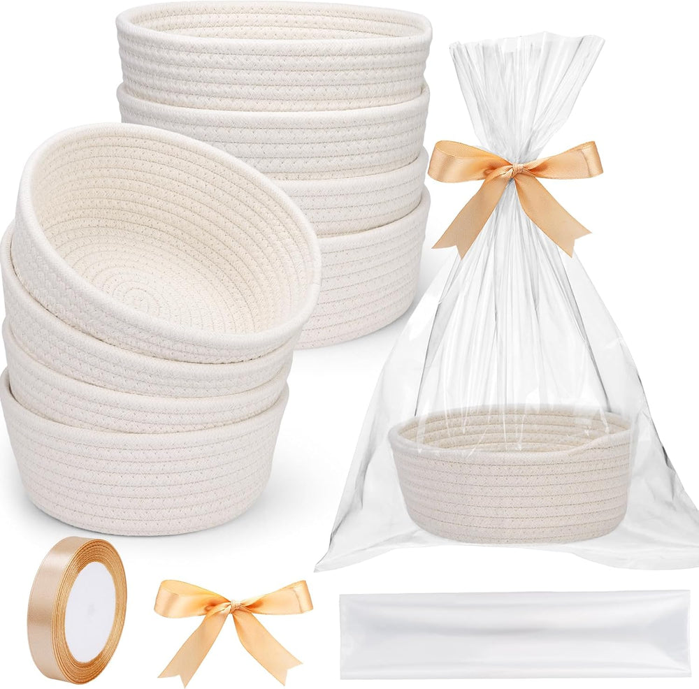 8 Pack Small Woven Storage Baskets with Gift Bag and Ribbon for Organizing Wo...