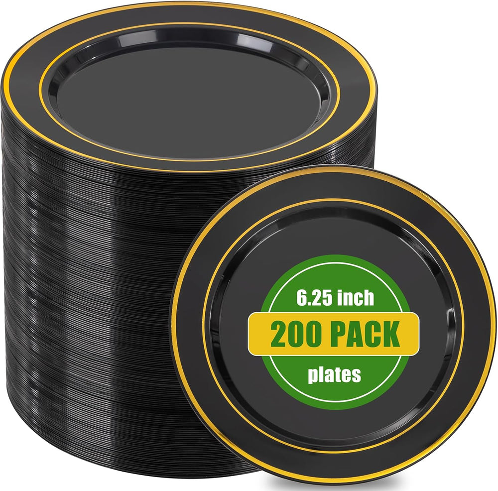 bUCLA 200PCS Black and Gold Plastic Plates - 6.25inch Black with Gold Rim Dis...