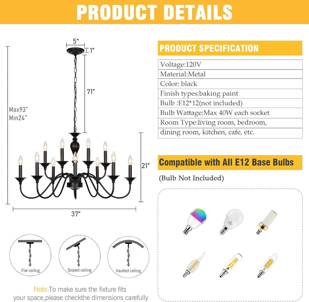 12-Light Black Farmhouse Chandeliers for Dining Room Light Fixture 37"