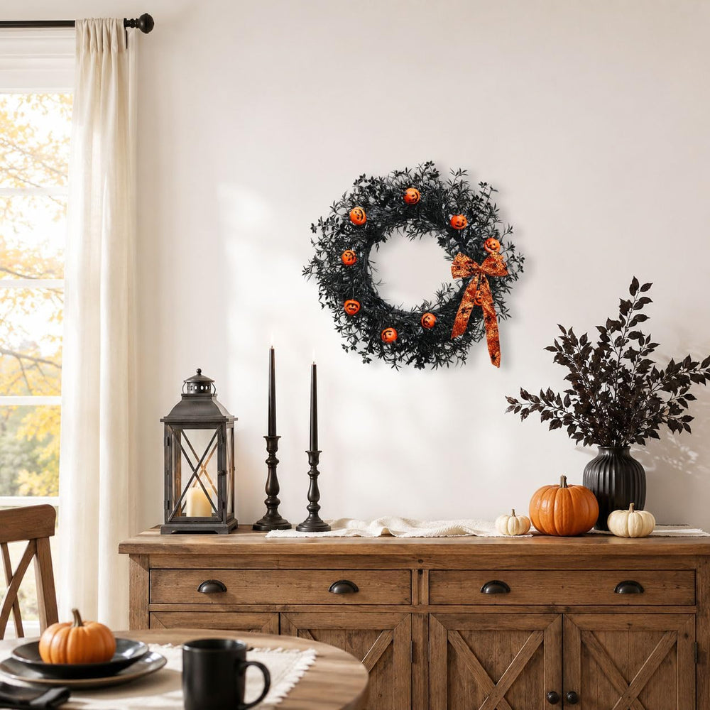20 Inch Pumpkin Halloween Wreath with 30 Orange LEDs & Spiderweb Bow