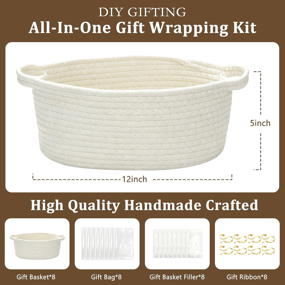 8PCS Small Woven Basket for Gift with Bags, Ribbons & Fillers, White