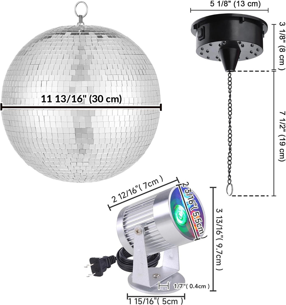 Yescom 12" Mirror Disco Ball Rotating Motor & 3W 3 LEDs Multi-color ...