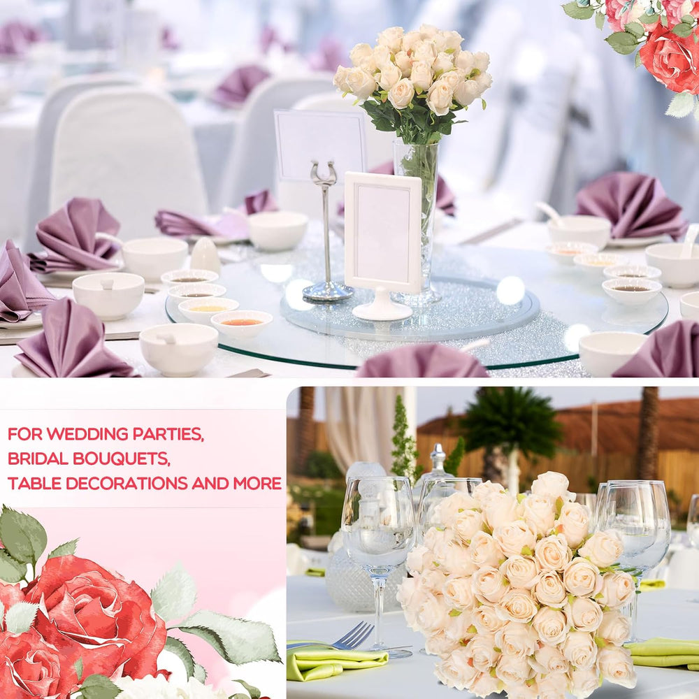 Jexine 50 Pcs Artificial Silk Roses Bulk with Long Stem,Beige Champagne