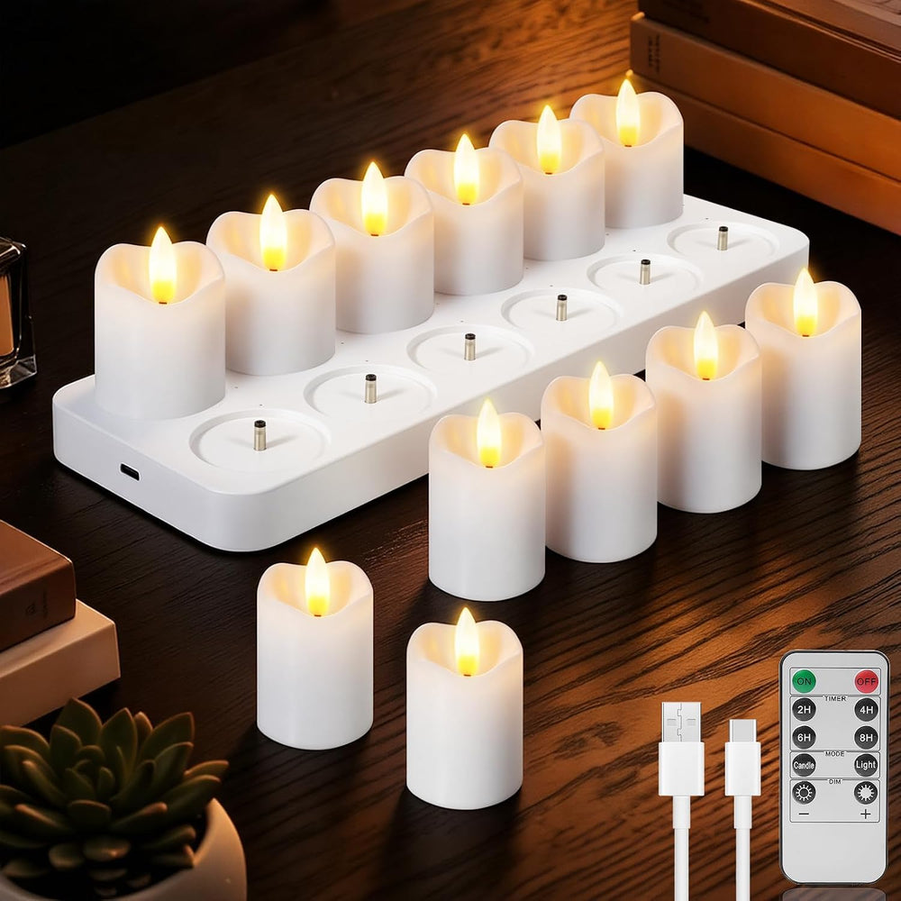 Kimjo Rechargeable Flickering Tea Lights with Remote Timer, 12 Pack