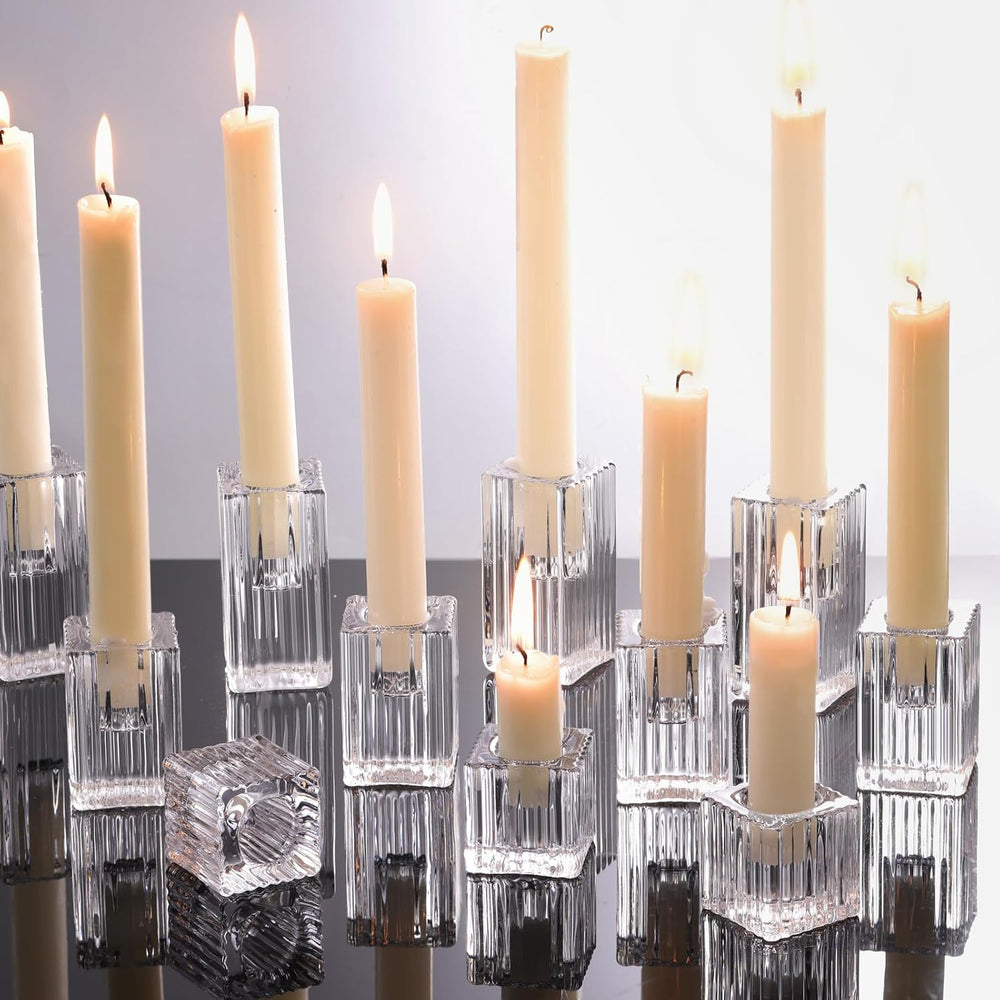 LETINE 12pcs Vertical Stripe Glass Candlestick Holders - Chic Taper Candle St...