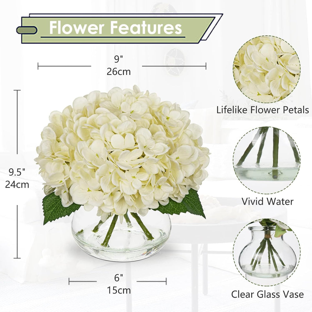 Hollyone Ivory White Hydrangea Artificial Flowers with Glass Vase Green Silk ...