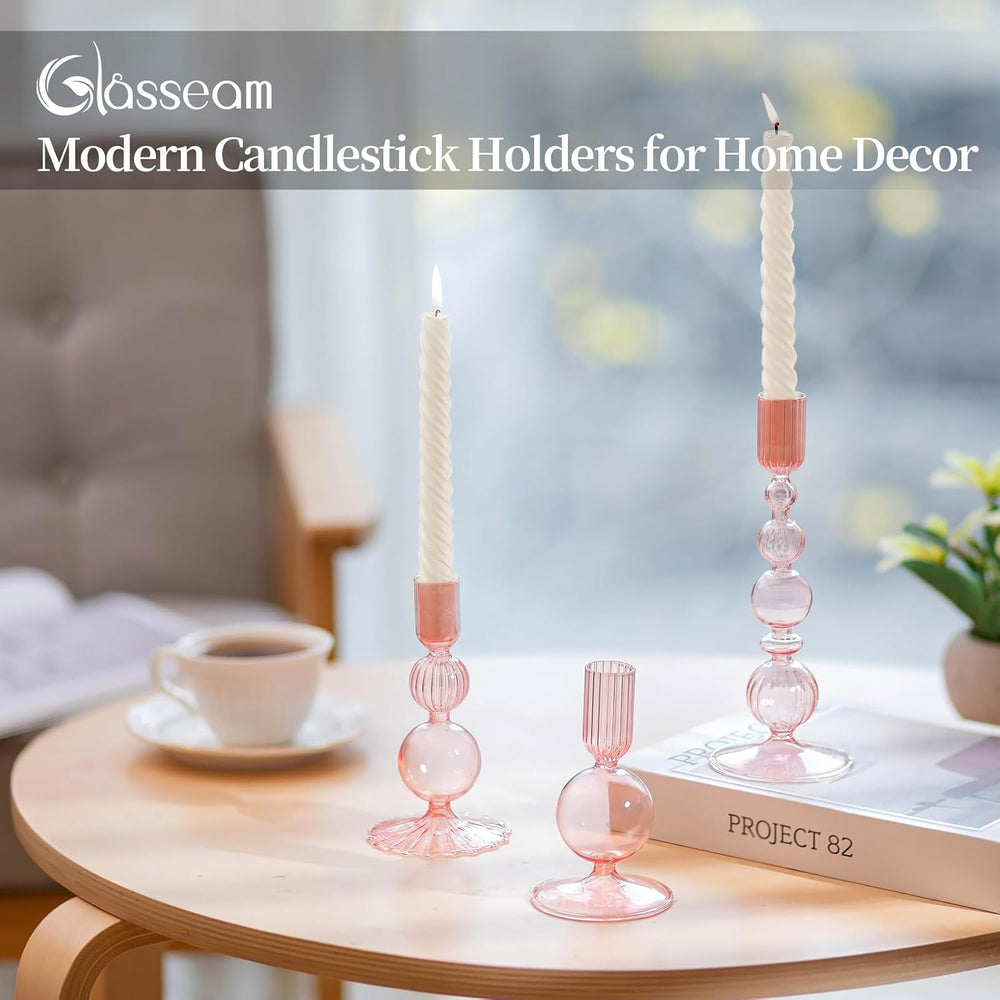 Glasseam Pink Glass Candlestick Holder: Unique Taper for Table Centerpiece