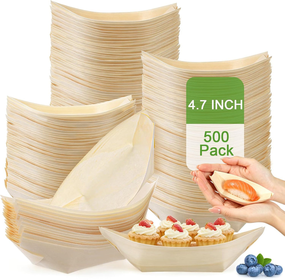 Ysglory 500 Pcs Wooden Disposable Plates Bamboo Appetizer Boat, 4.7"