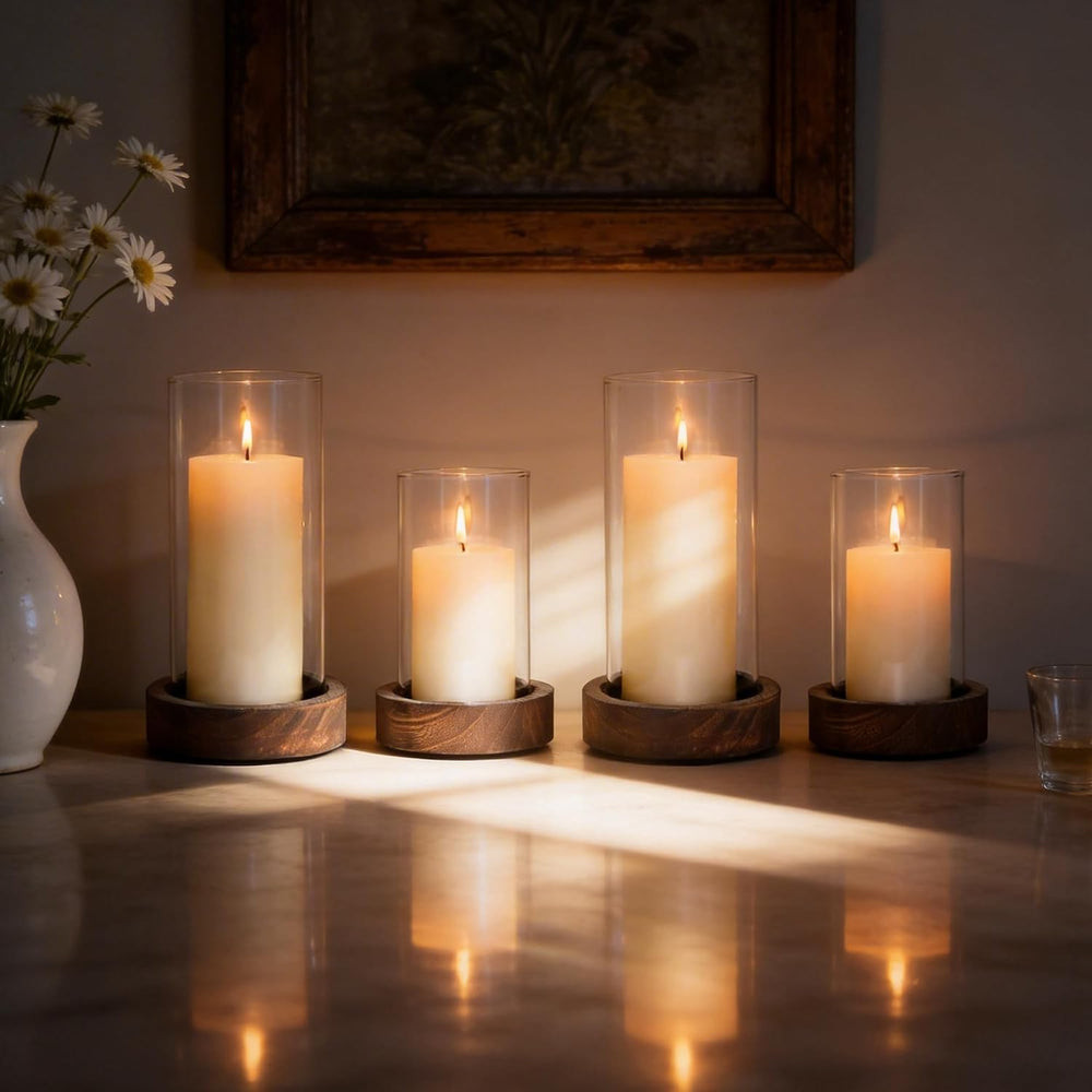 Set of 4 Hurricane Candle Holders with Wood Base & Glass Cylinder (4.2x5....