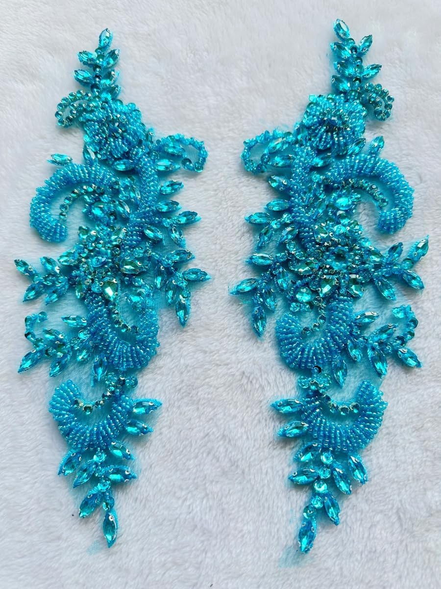 Handmade Rhinestones on Lace Applique Trim Sewing Beads Sequins Trim Patches ...