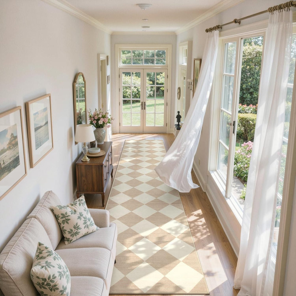 Beeiva Checkered Print Carpet Runners for Hallway 12ft, Beige Neutral Washabl...