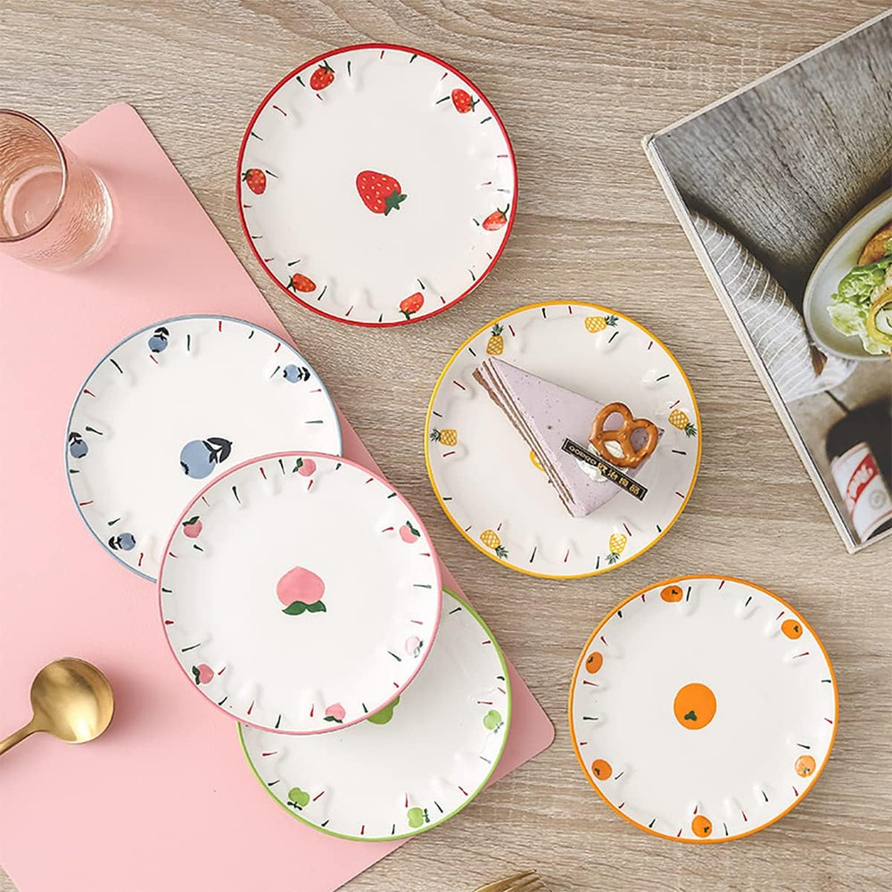 Set of 6 Ceramic Dessert, Cake, Appetizer & Snack Plates - 6 Inch Fruit P...