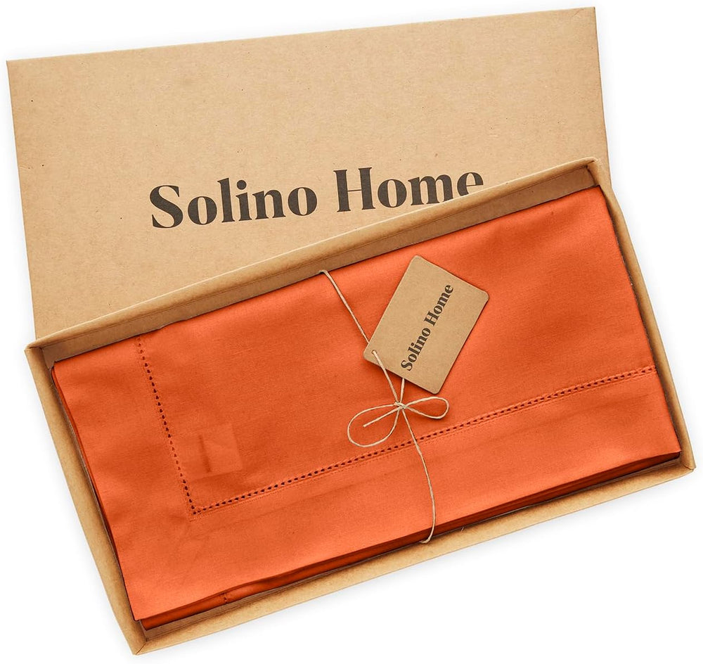 Solino Home Cotton Linen Tablecloth Burnt Orange Hemstitch, 58 x 120 in