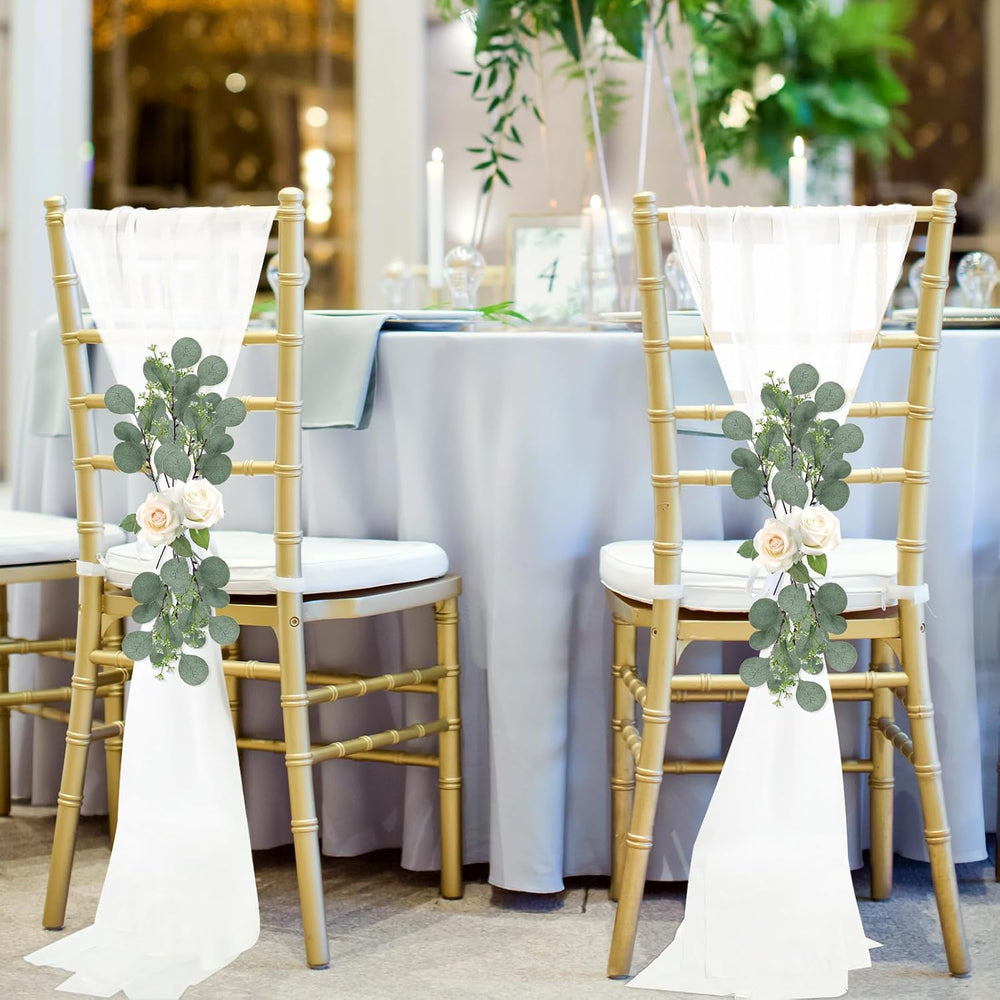 24 Set Wedding Aisle Chair Decorations Pew Bows, Round Eucalyptus