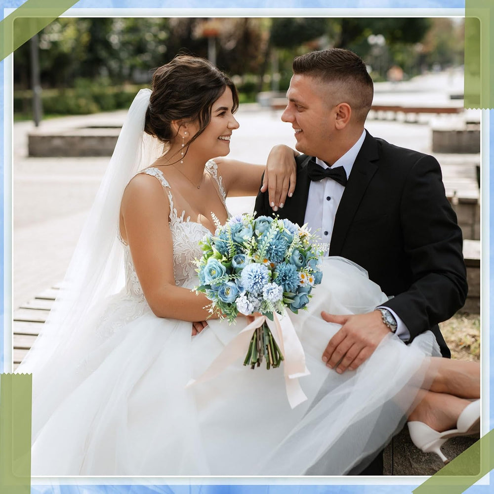 Tigeen 6 Bundles Artificial Flowers Bouquet for Wedding, Blue