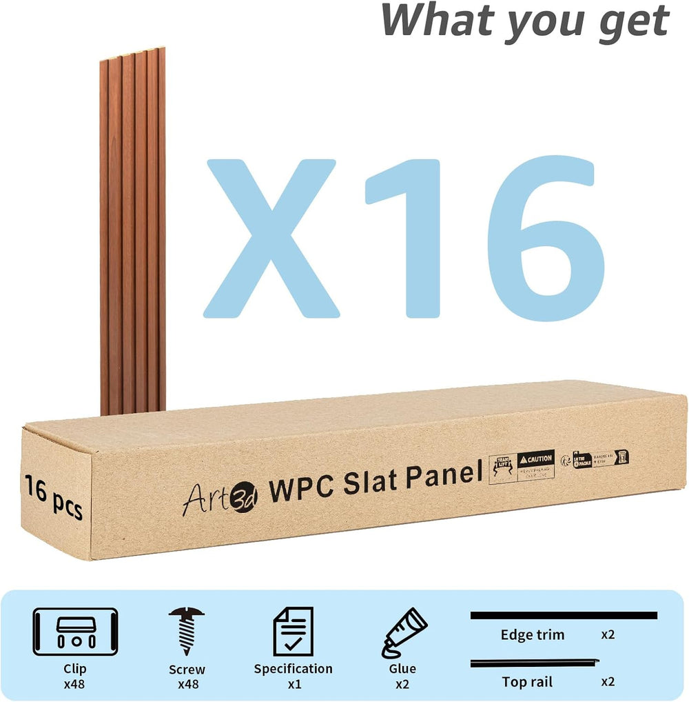 Art3d 48 x 6 Inch WPC Wood Slat Wall Panels, 3D Wall Accents, 16-Pack, Teak