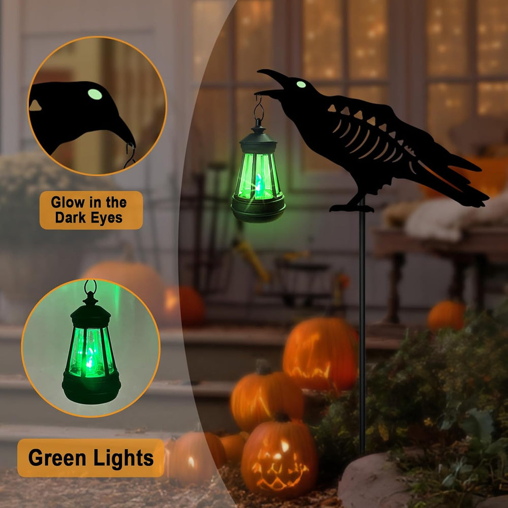 Solar Halloween Decorations Outdoor,2 Pack Metal Black Crow Yard Sign Stake
