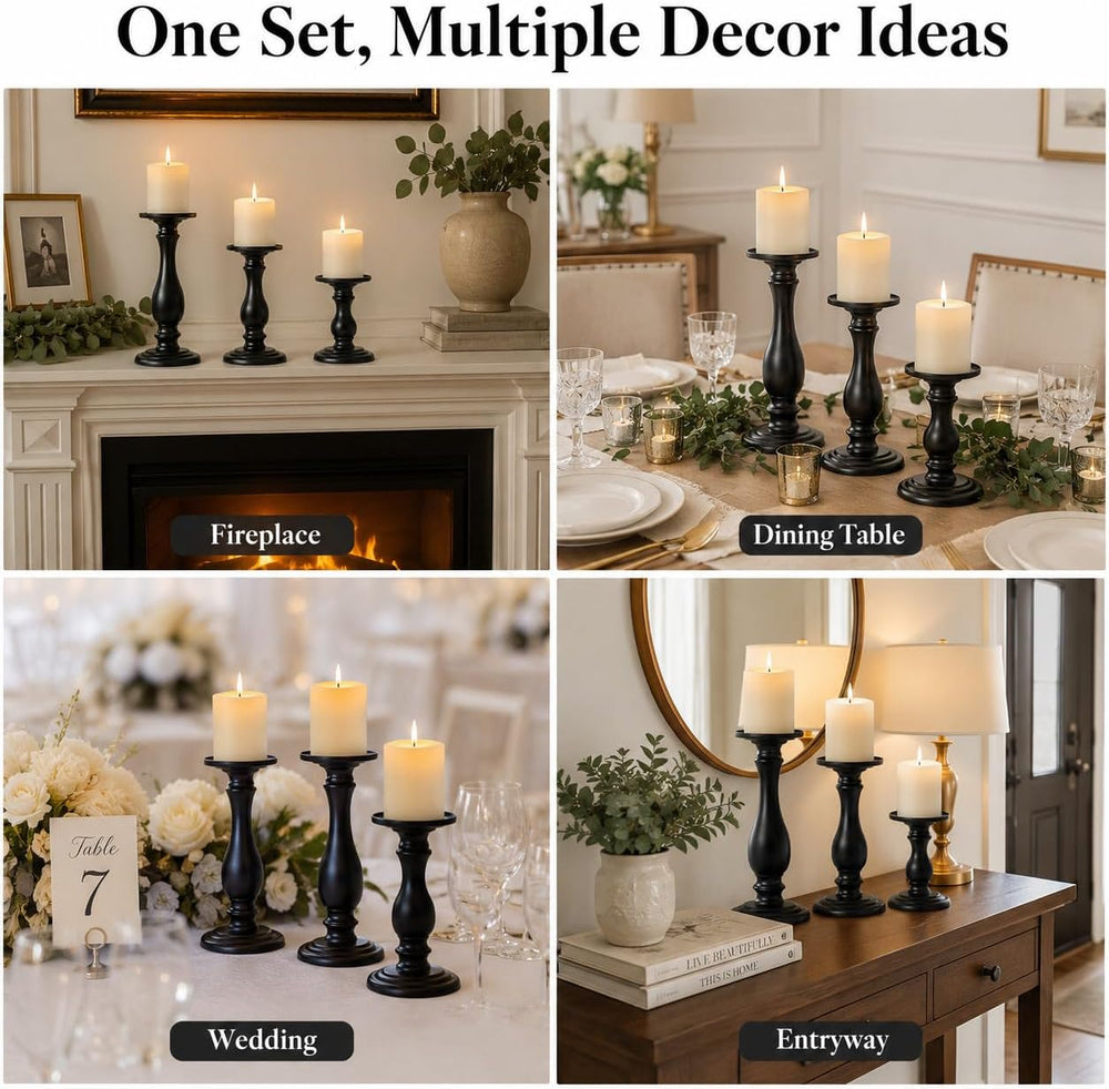 Matte Black Pillar Candle Holders Set of 3-10", 8", 6”H Candlestick...