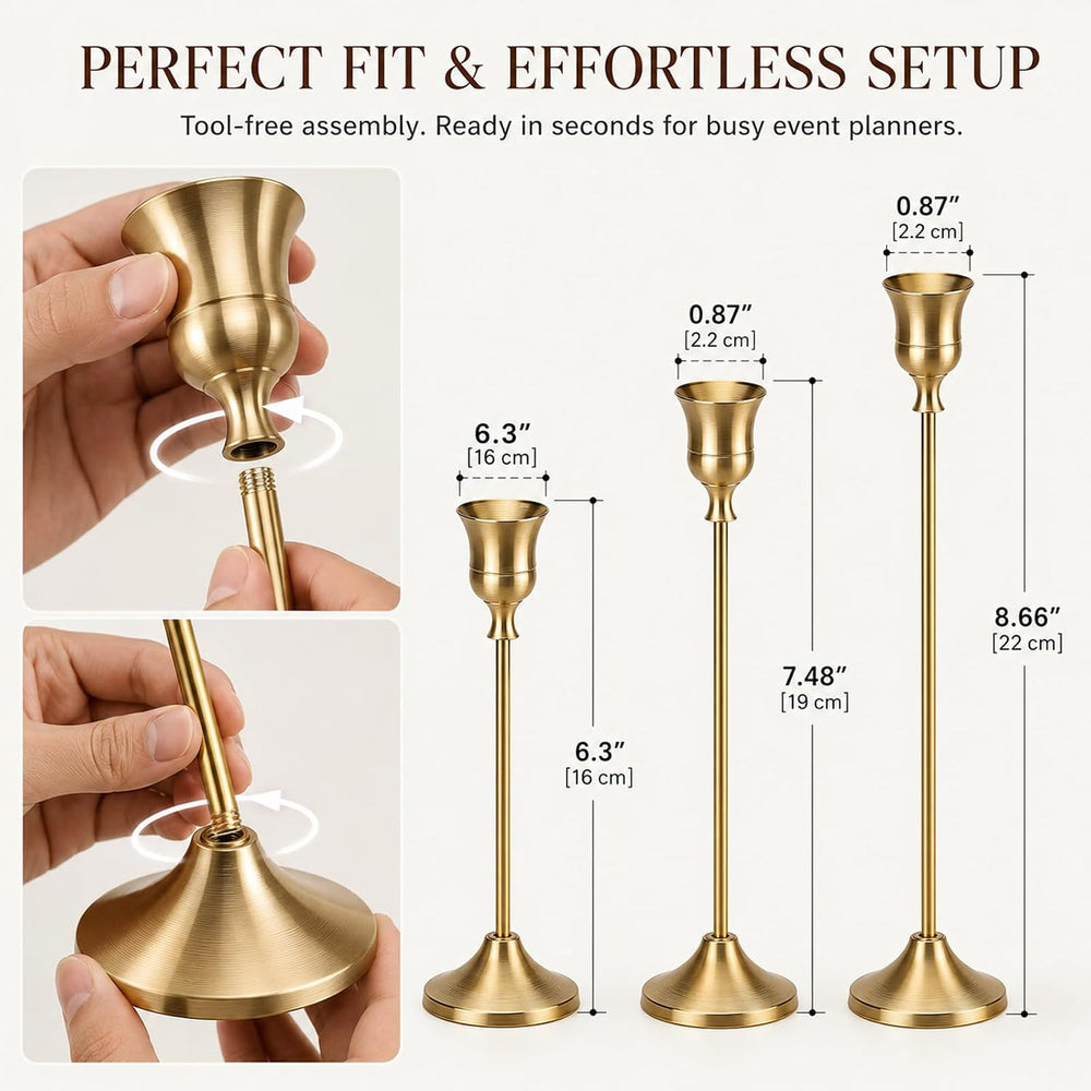 Gold Taper Candle Holders Set of 12, 3 Heights Brass Candlesticks
