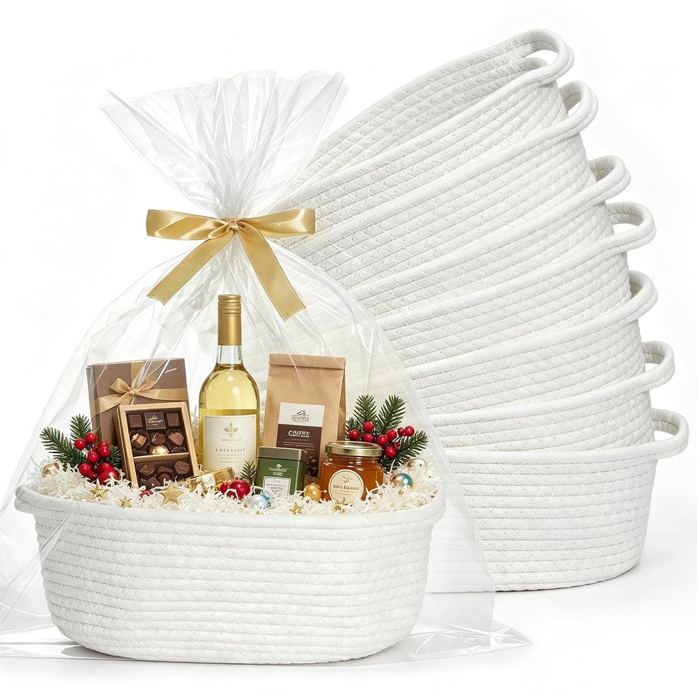 8PCS Small Woven Basket for Gift with Bags, Ribbons & Fillers, White