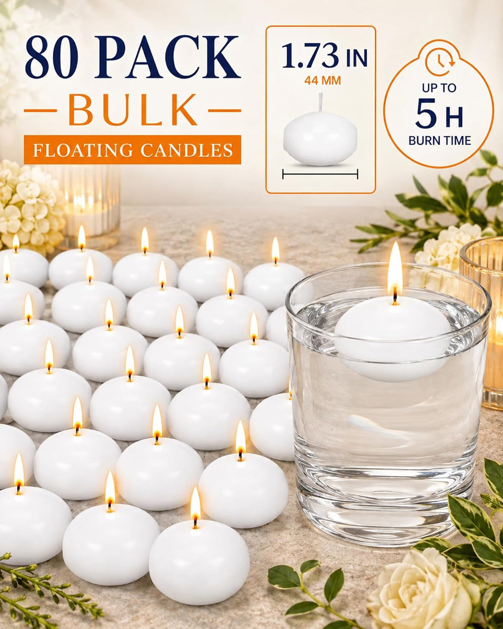 Treela 80 Pcs 1.73 Inch Unscented Floating Candles, White