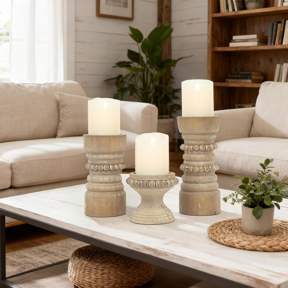 Rustic Natural Wood Candle Holders Set of 3, Farmhouse Beaded Wood Pillar Can...